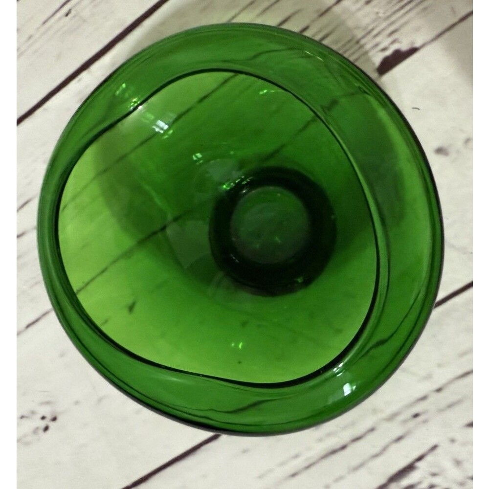Mid Century Hunter Green Glass Bowl Waved Edge 5” X 3” Tall Vintage MCM Art - Picture 5 of 12